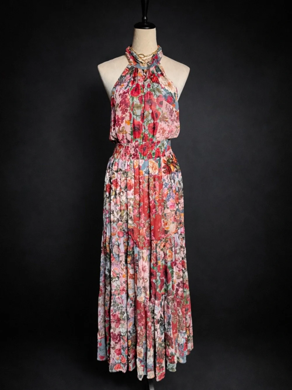 Anthropologie Boho Chiffon Maxi Dress Floral Patchwork Halter Smocked size L_5